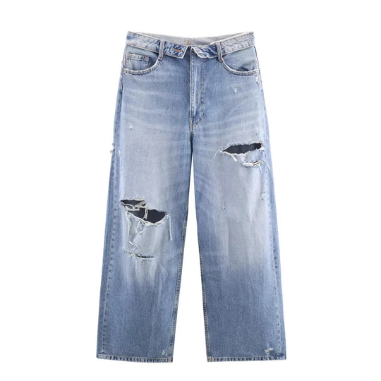 Damen Weite Destroyed-Jeans mit hoher Taille und geradem Bein Shop Nory