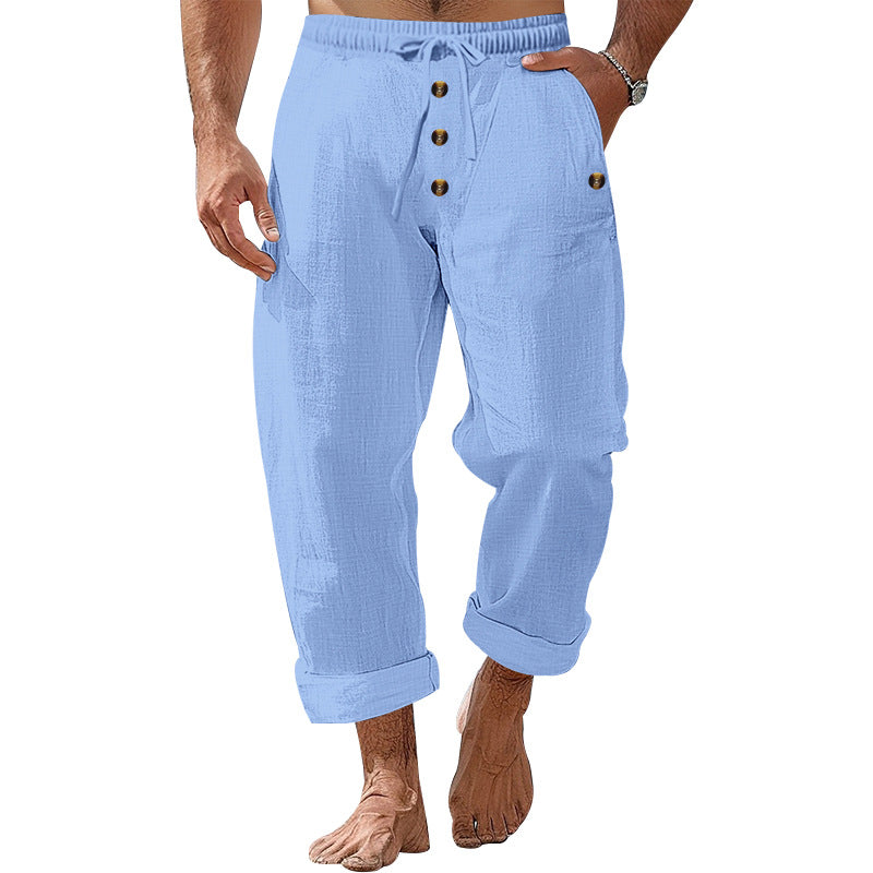 Herren nan lockere Leinen-Baumwoll-Hose mit elastischem Bund, Kordelzug und aufgekrempeltem Saum