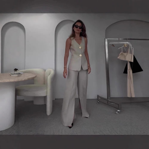 Damen Ärmelloses Tailoring-Set mit taillierter Weste, Zierknöpfen und weiter Palazzo-Hose Shop Nory