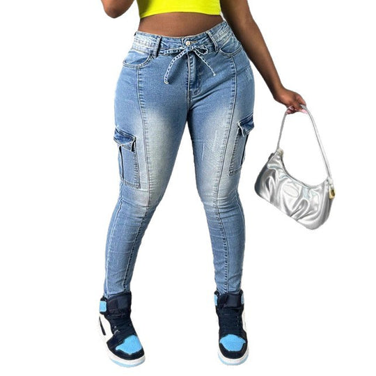 Damen Hochtaillierte stretchige Cargo-Skinny-Jeans mit Tunnelzugbund Shop Nory