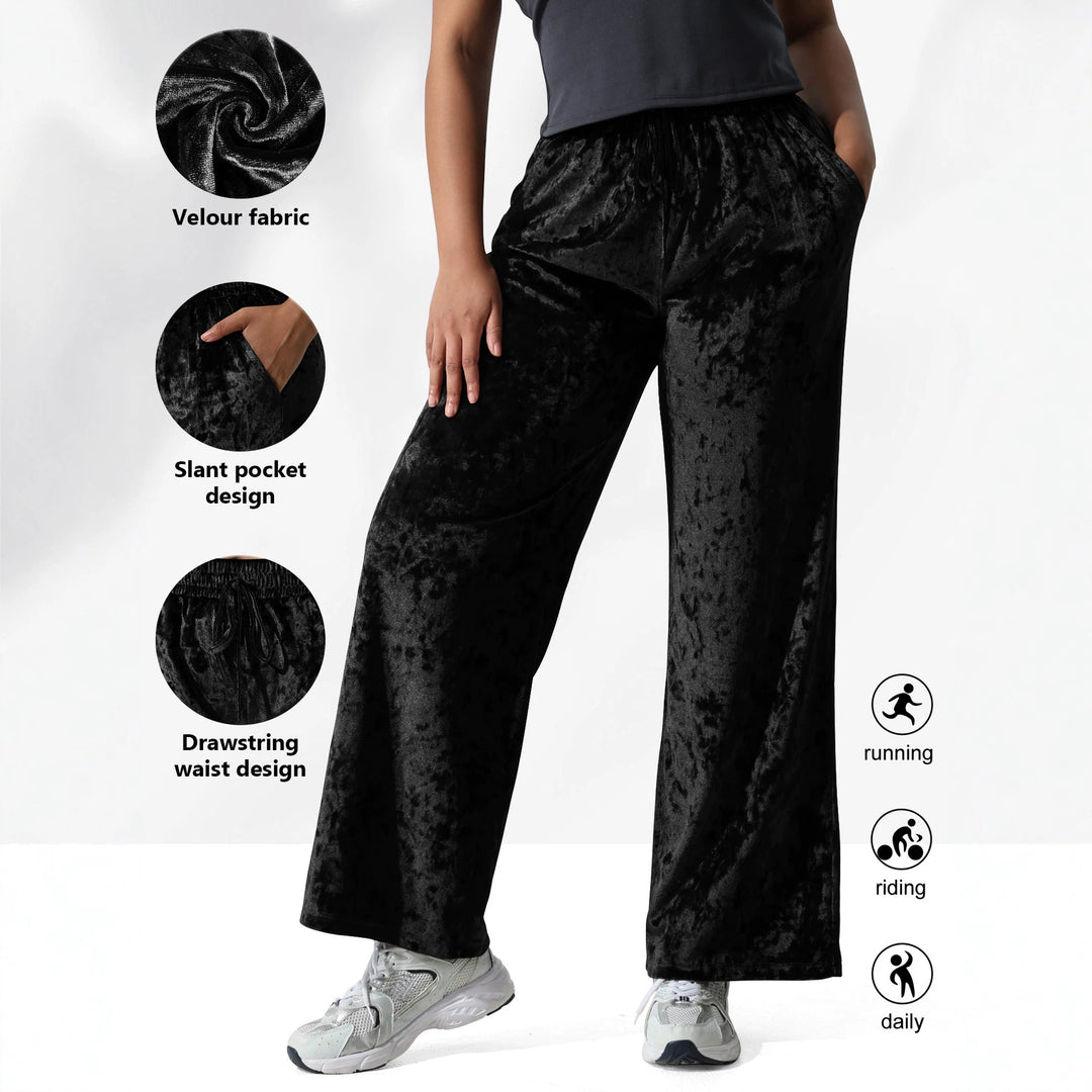 Damen Velours-Hose mit weitem Bein, Tunnelzug und Eingrifftaschen Shopy Nory