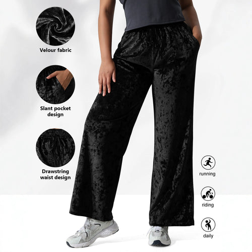 Damen Velours-Hose mit weitem Bein, Tunnelzug und Eingrifftaschen Shopy Nory