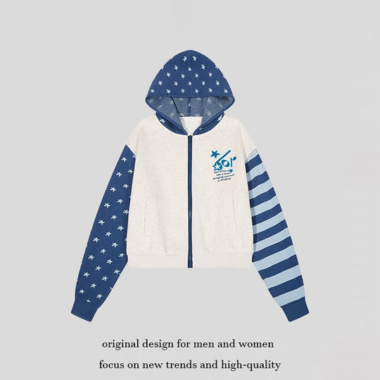 Damen Kurz geschnittene Kapuzen-Sweatjacke mit durchgehendem Reißverschluss, gemusterten Ärmeln und Sternmotiv Shop Nory
