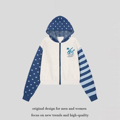 Damen Kurz geschnittene Kapuzen-Sweatjacke mit durchgehendem Reißverschluss, gemusterten Ärmeln und Sternmotiv Shop Nory