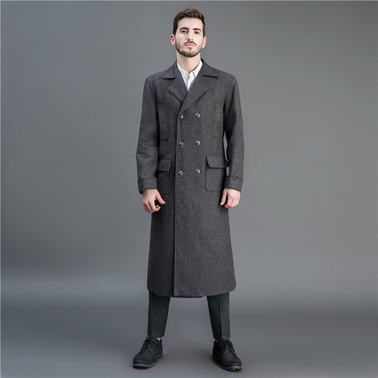 Herren Eleganter lang geschnittener Wollmantel mit Doppelreihe und Pattentaschen Shop Nory