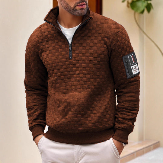 Herren strukturierter Stehkragen-Halbzip-Pullover mit Karosteppung, elastischen Bündchen und Ärmel-Patch Shop Nory