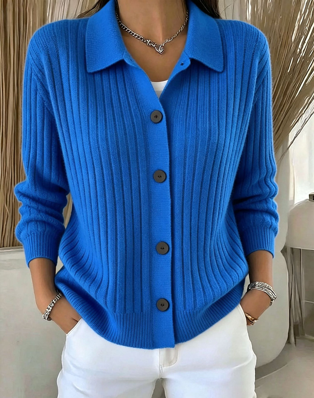 Damen Feiner gerippter Knopf‑Cardigan mit Hemdkragen und kastiger Silhouette Shop Nory