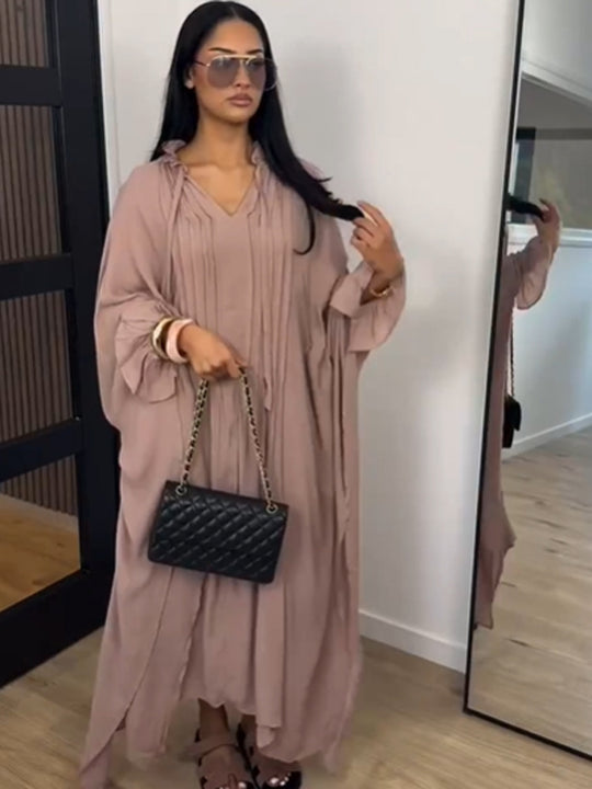 Damen Maxikleid im Kaftan-Stil mit Rüschenkragen, Bindebändern und voluminösen Ärmeln Shop Nory