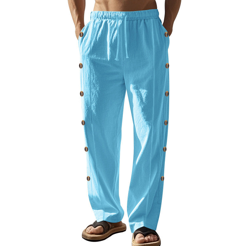 Herren nan entspannte Leinen-Relaxhose mit seitlicher Knopfleiste elastischem Bund und Eingrifftaschen