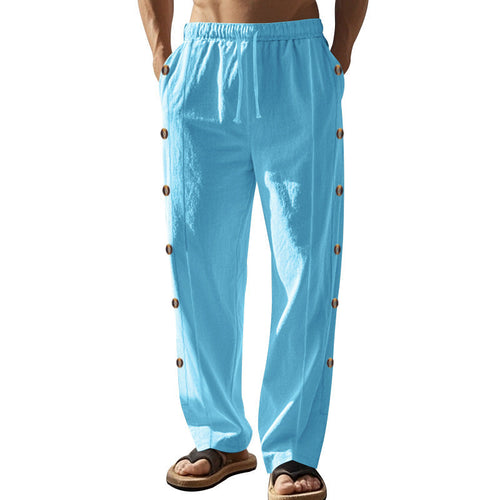 Herren nan entspannte Leinen-Relaxhose mit seitlicher Knopfleiste elastischem Bund und Eingrifftaschen