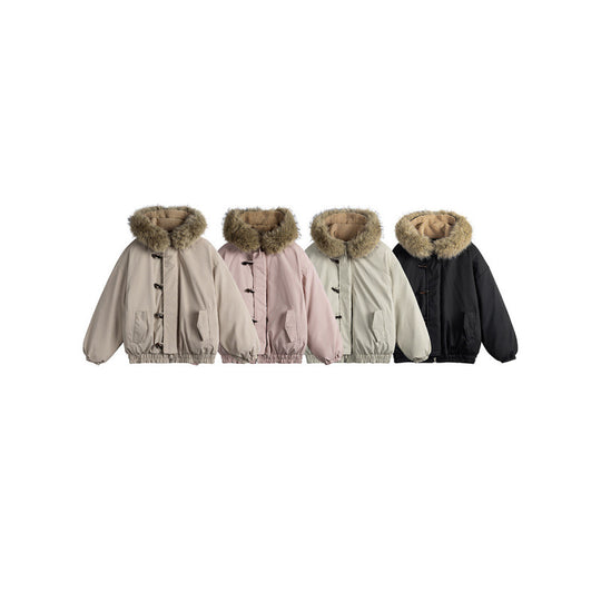 Unisex Gepolsterte Kapuzenjacke im Boxy‑Cut mit Teddyinnenfutter, Kunstfellkragen und Knebelverschlüssen Shop Nory
