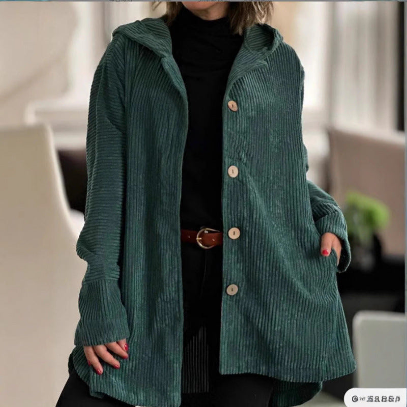 Damen Langer Kapuzen-Strickcardigan mit Rippenstruktur, Knopfleiste und Seitentaschen Shop Nory