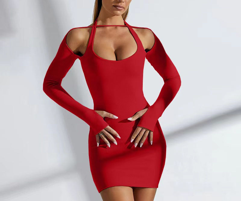 Damen Figurbetontes Minikleid mit Schulter-Cutouts, langen Ärmeln und Daumenöffnungen Shop Nory