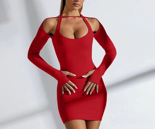Damen Figurbetontes Minikleid mit Schulter-Cutouts, langen Ärmeln und Daumenöffnungen Shop Nory