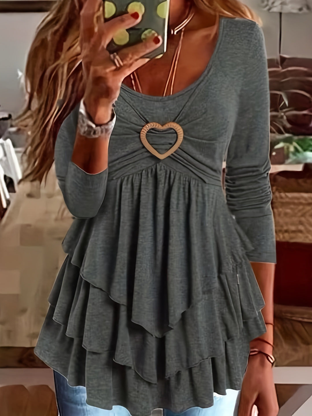 Damen Lagenlook-Tunika mit herzförmiger Zierschnalle und gerafftem Dekolleté Shop Nory