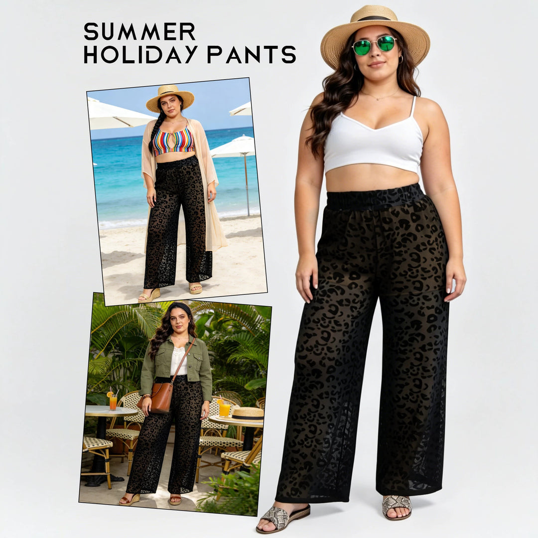 Damen Hochtaillierte weit geschnittene Chiffon-Hose mit Leopardmuster und Bauchkontrolle Shopy Nory