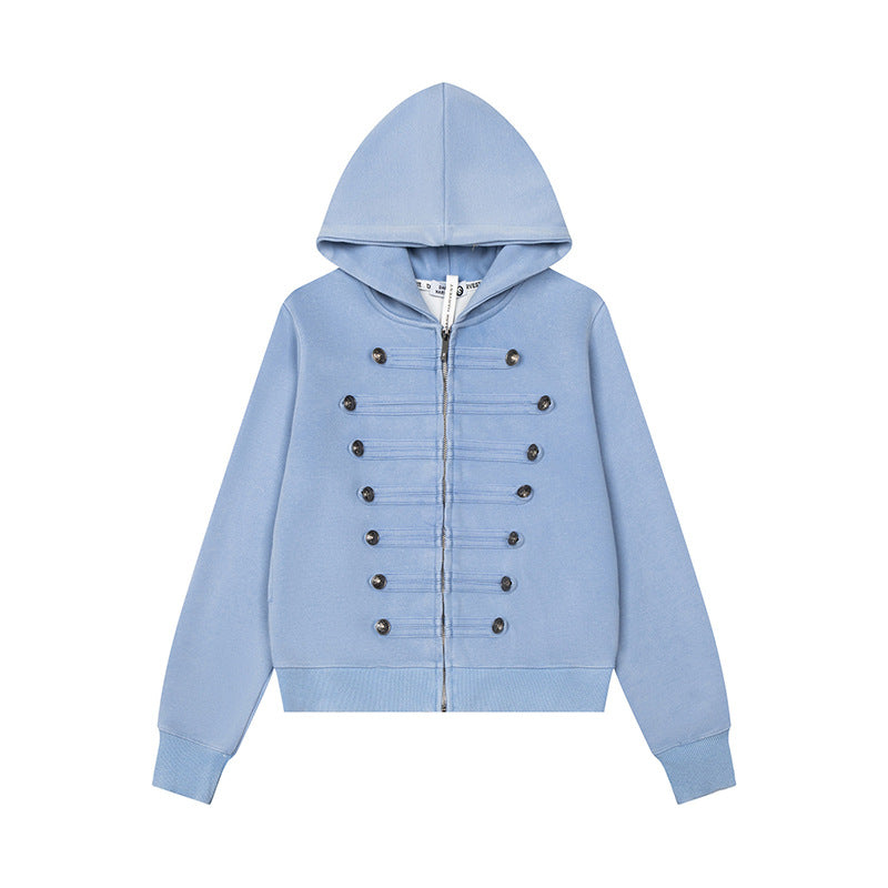 Damen Kapuzen-Sweatjacke mit militärischer Knopfverzierung und durchgehendem Reißverschluss Shop Nory