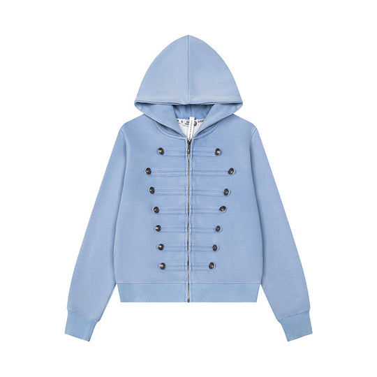 Damen Kapuzen-Sweatjacke mit militärischer Knopfverzierung und durchgehendem Reißverschluss Shop Nory