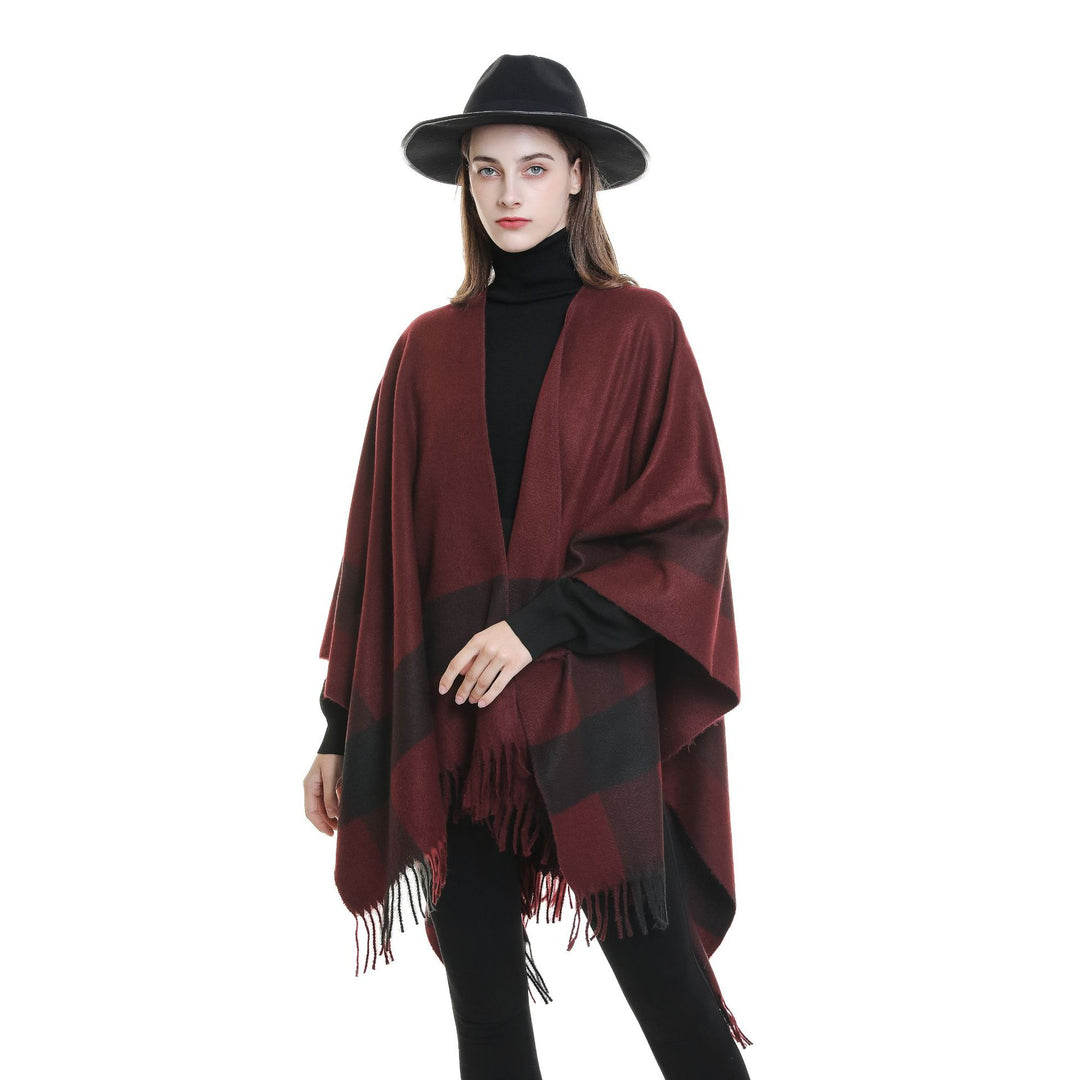 Damen Wollmix‑Schulterponcho mit Fransensaum und kontrastierenden Blockstreifen Shop Nory