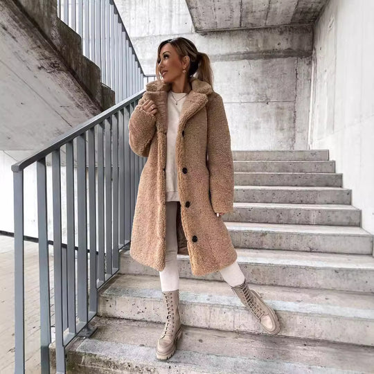 Damen Lange Teddy Faux-Shearling Knopf-Front Mantel mit Reverskragen Shop Nory