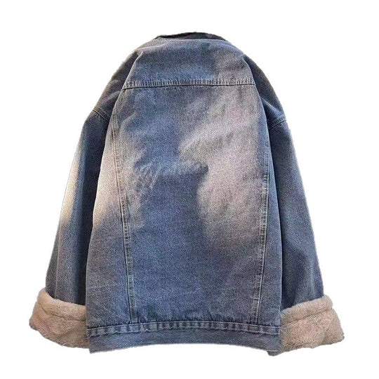 Damen oversized Jeansjacke mit Innenfutter aus Teddyfell