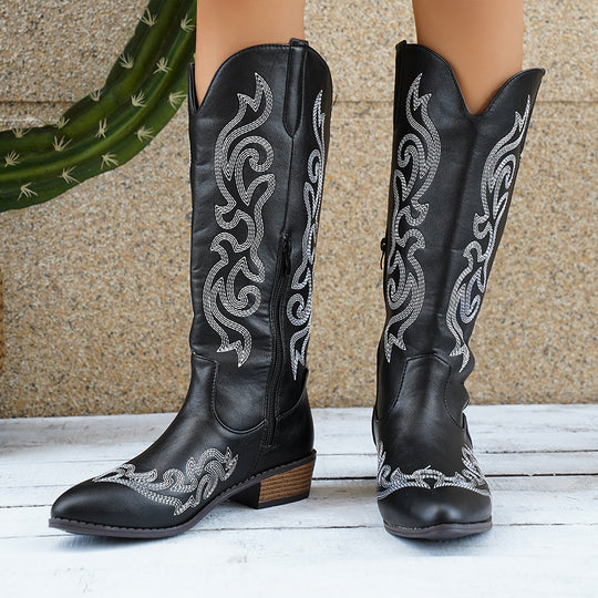 Damen nan Cowboystiefel mit gesticktem Westernmuster, mittelhohem Blockabsatz und seitlichem Reißverschluss Shop Nory
