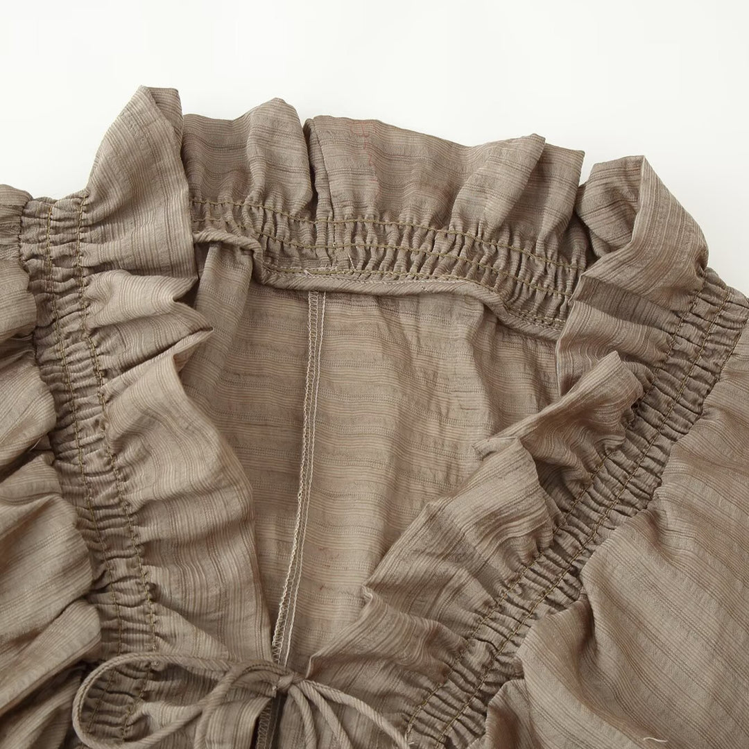 Damen Romantische Rüschenbluse im Boho-Stil mit Bindeband und gerafften Manschetten Shop Nory