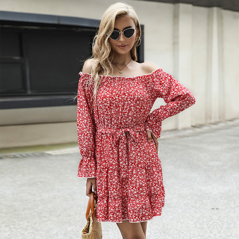 Damen Schulterfreies Blumen-Minikleid mit Taillenschnur und Stufenrock Shop Nory