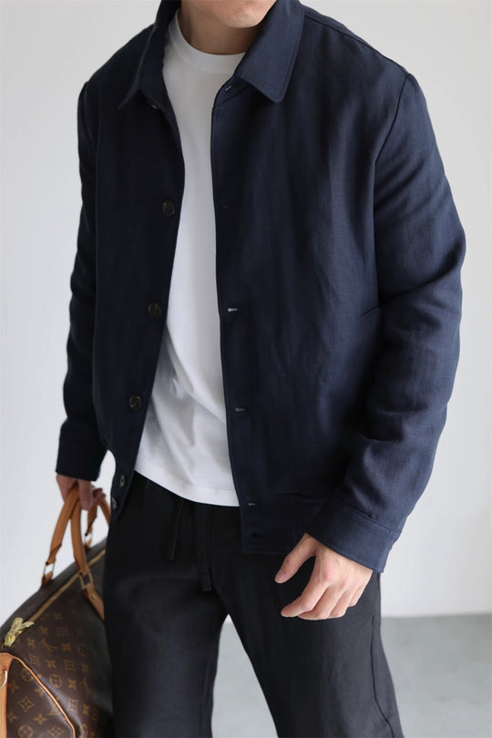 Herren Leichte Leinenjacke mit Hemdkragen und durchgehender Knopfleiste Shop Nory