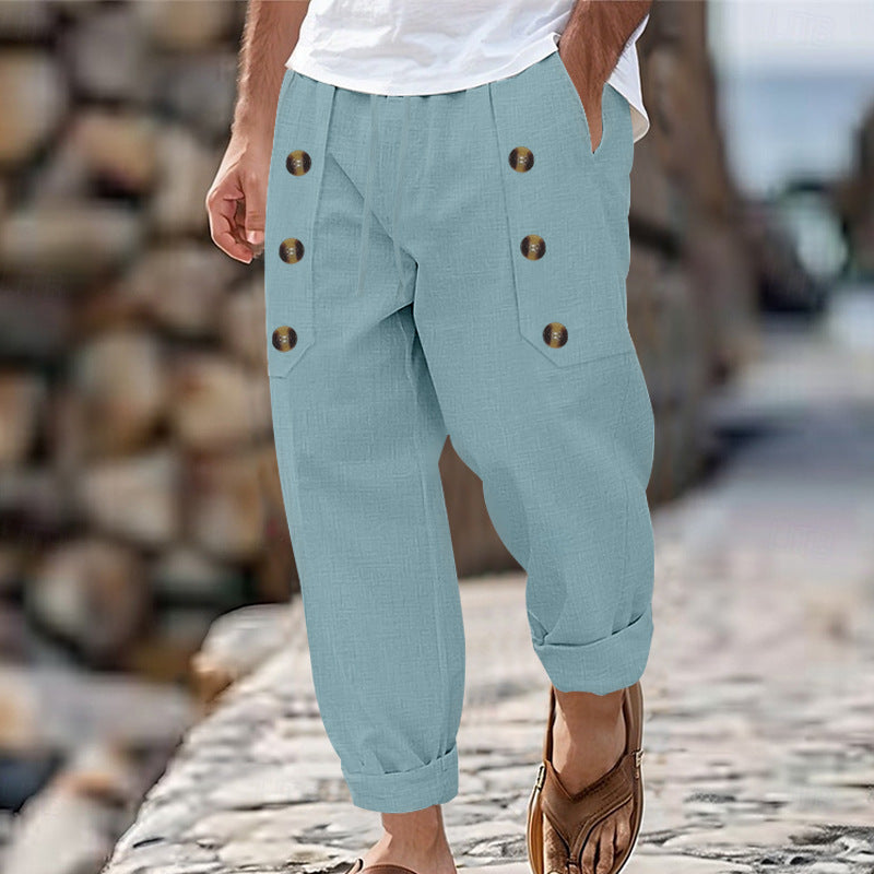 Herren Bequeme Leinenhose mit seitlichen Knöpfen und elastischem Bund