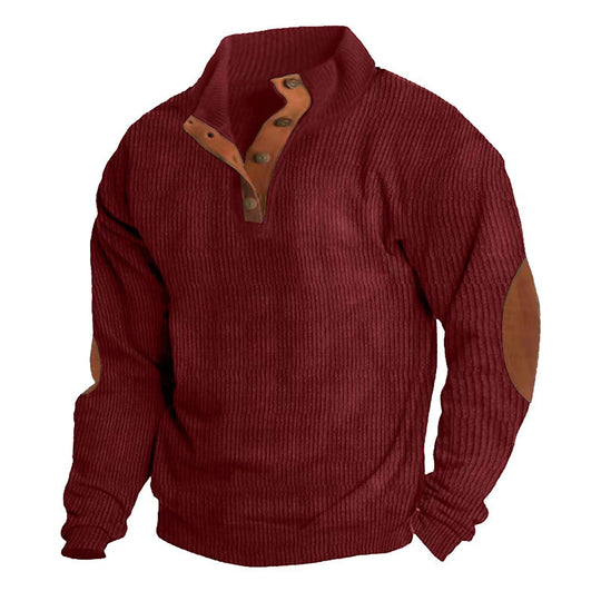 Herren nan gerippter Pullover mit Henley-Kragen und Leder-Ellbogenpatches Shop Nory