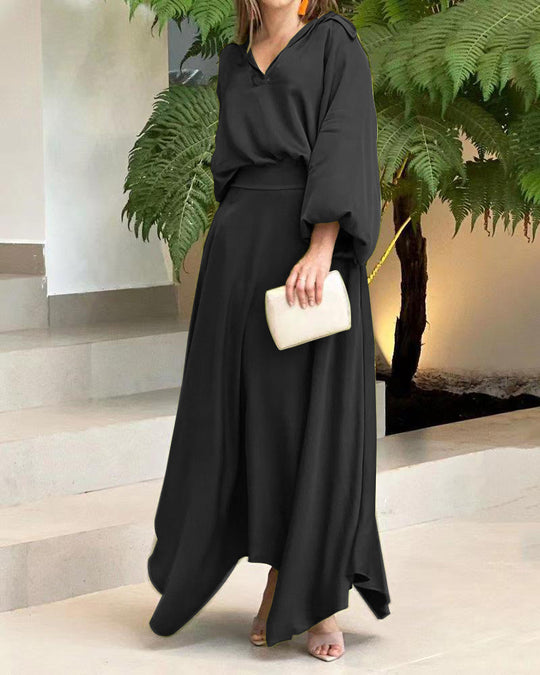Damen Elegantes Maxikleid mit Kapuzen‑V‑Ausschnitt, Ballonärmeln und fließendem Saum Shop Nory