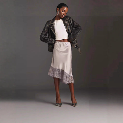 Damen Satinrock mit Spitze und asymmetrischem Saum