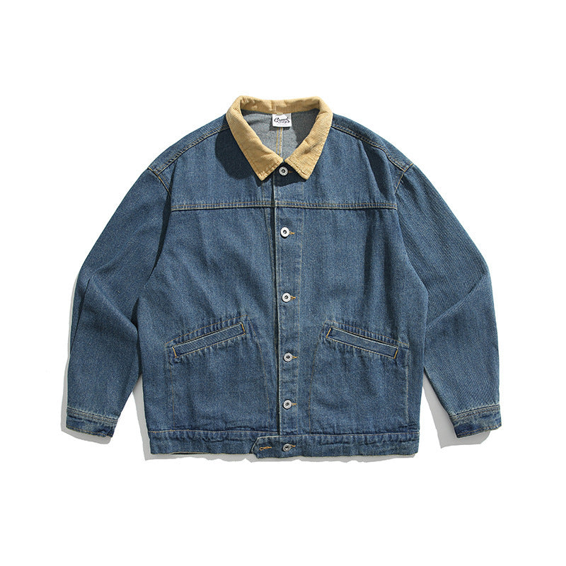 Unisex Boxy-Jeansjacke mit Cordkragen, Druckknopfleiste und Eingrifftaschen Shop Nory