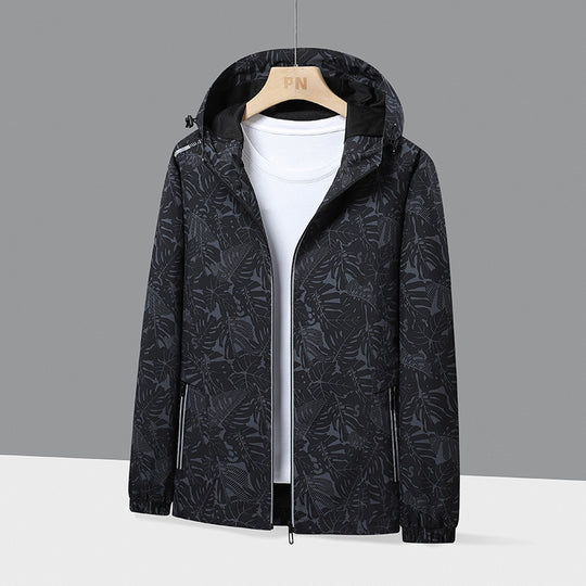 Herren Leichte Kapuzen-Windjacke mit botanischem Alloverprint und elastischen Bündchen Shop Nory