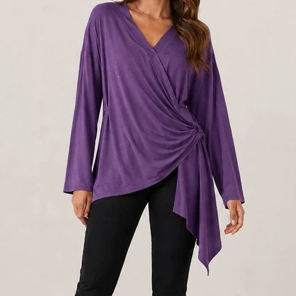 Damen Wickelshirt mit seitlicher Knotenpartie, V‑Ausschnitt und asymmetrischem Saum Shop Nory