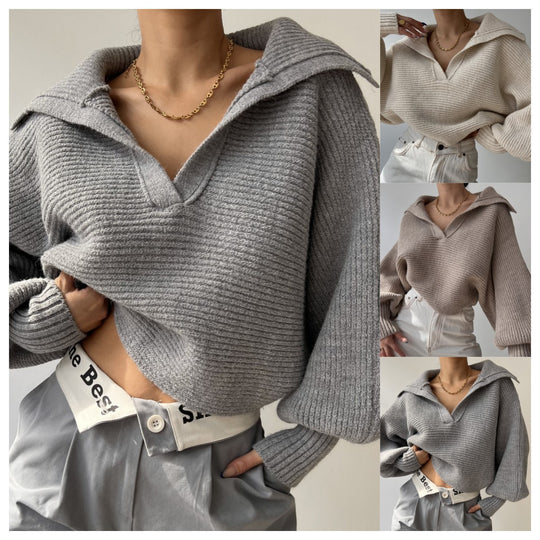 Damen kurzes geripptes Strickpullover mit weitem Matrosenkragen und Ballonärmeln Shop Nory