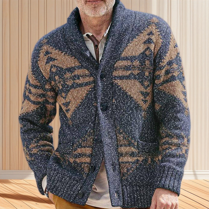 Herren Strickjacke mit einzigartigem geometrischen Muster und tiefem Kragen