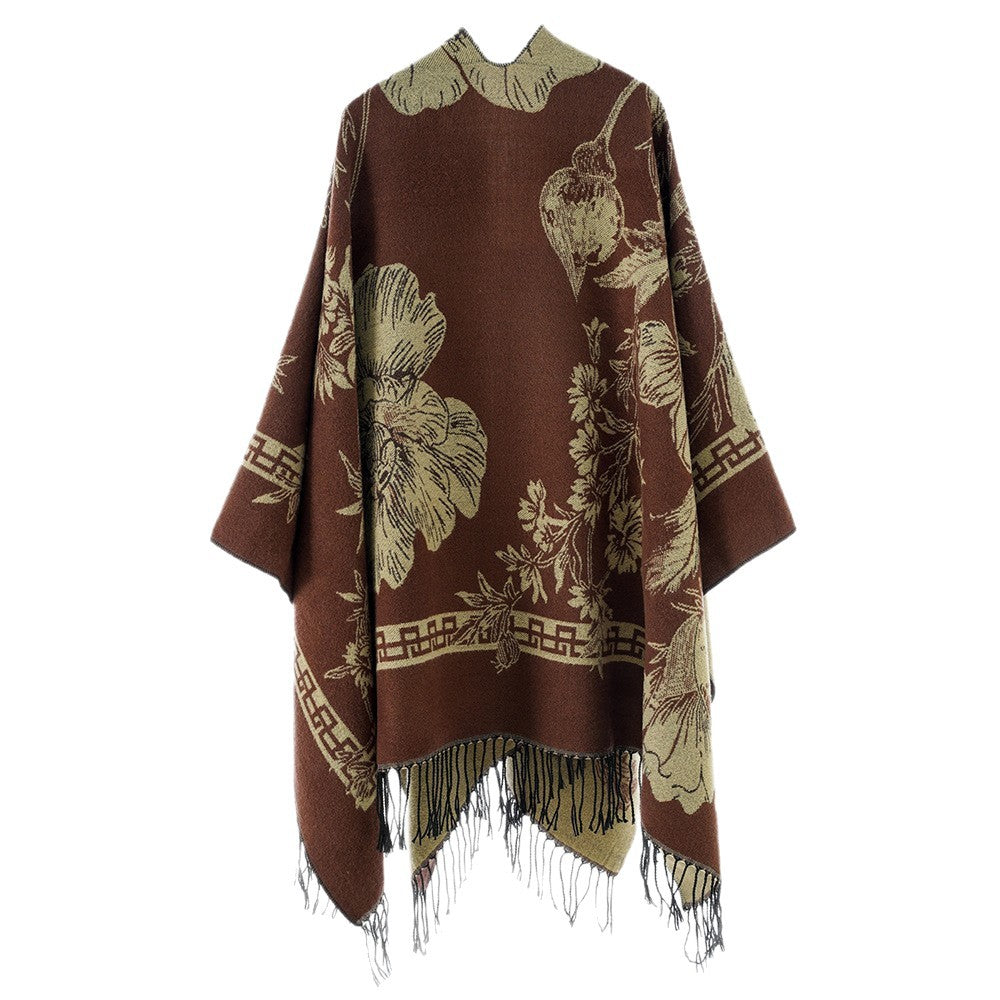 Damen Leichter Jacquard‑Poncho mit floralem Allovermuster, asymmetrischem Zipfelsaum und Fransen Shop Nory