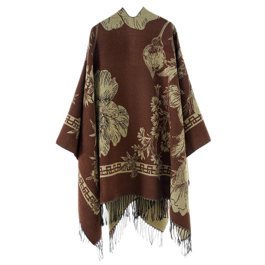 Damen Leichter Jacquard‑Poncho mit floralem Allovermuster, asymmetrischem Zipfelsaum und Fransen Shop Nory