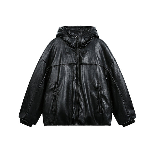 Herren Übergroße Kunstlederjacke mit Kapuze und Reißverschluss Shop Nory