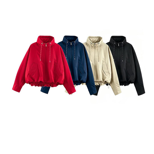 Damen Cropped Oversize Windbreaker mit hohem Funnelkragen, Kordelzug und gerafftem Elastikbund Shop Nory