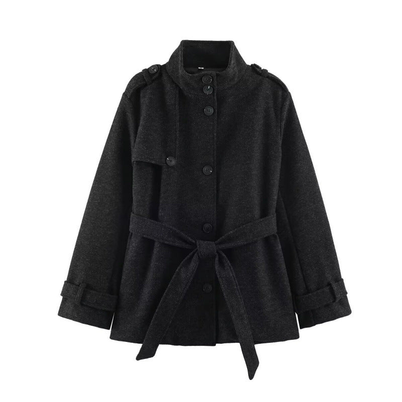 Damen kurze taillierte Manteljacke aus Wollmix mit Stehkragen, Schulterpatten und Bindegürtel Shop Nory
