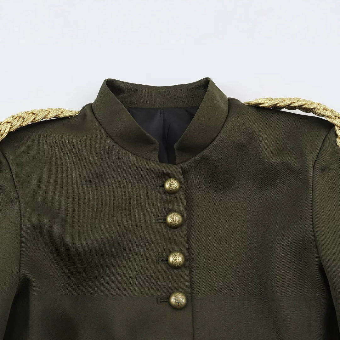 Damen Kurzer Militärblazer mit geflochtenen Epauletten und Zierknoten-Ärmeln Shop Nory