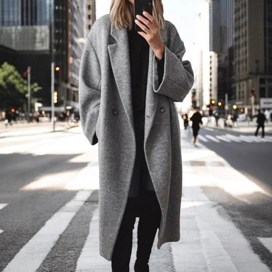 Damen Oversize Wollmix-Mantel mit doppelreihiger Knopfleiste, weitem Reverskragen und Eingrifftaschen Shop Nory