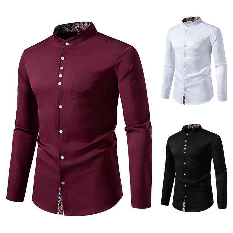 Herren Langarm Hemd mit modernem Stehkragen und Paisleymuster