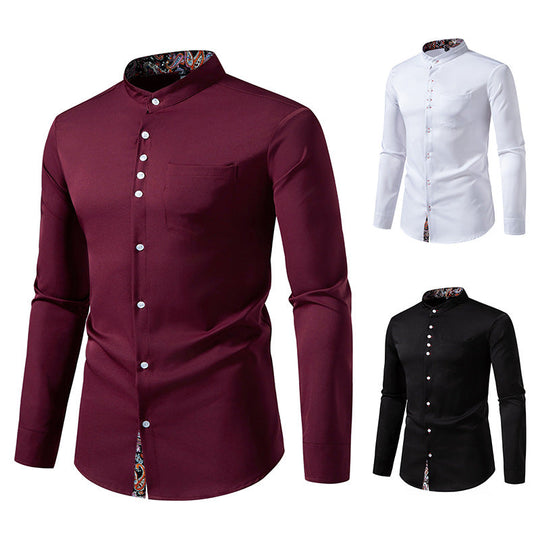 Herren Langarm Hemd mit modernem Stehkragen und Paisleymuster