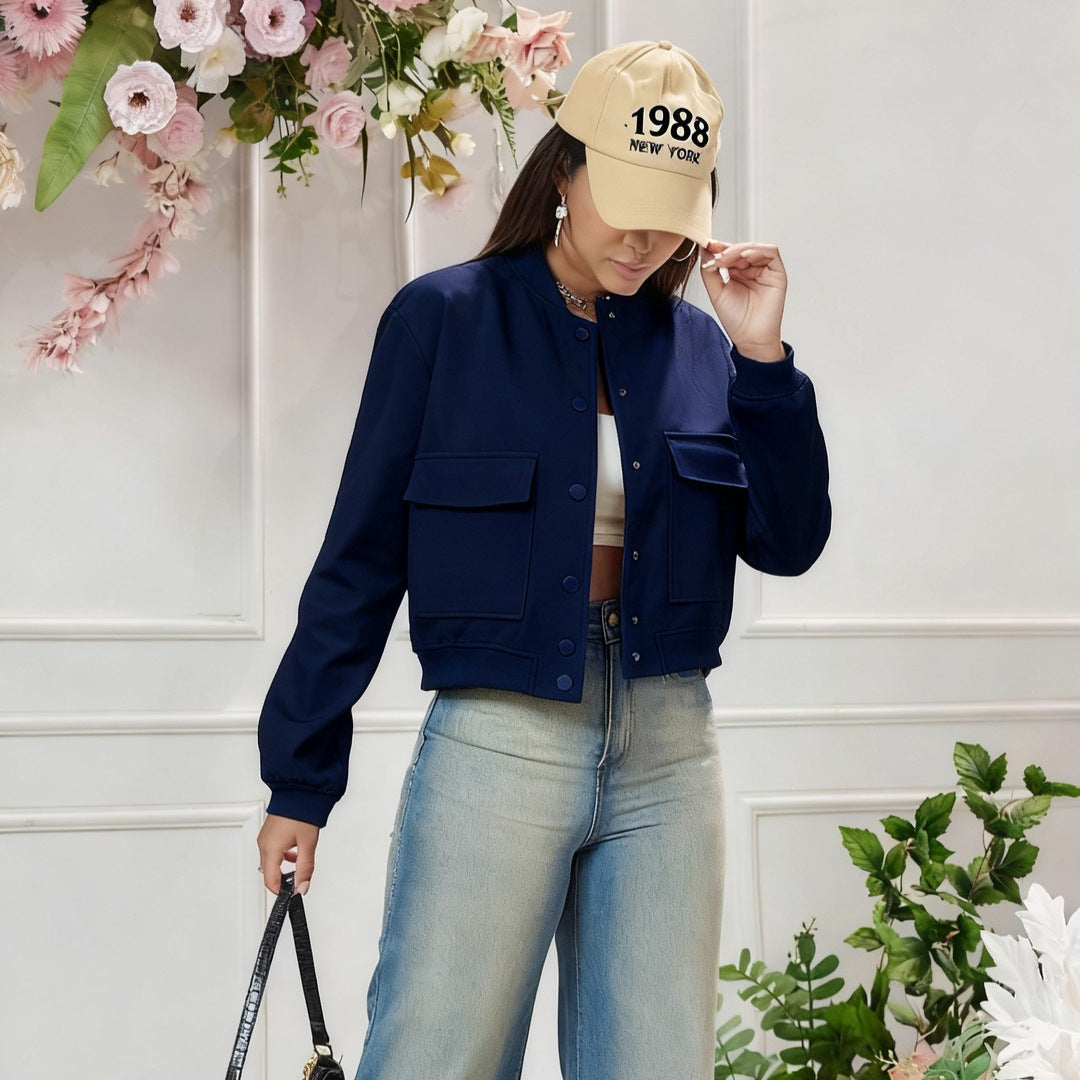Damen Kurz geschnittene Utility-Jacke mit Stehkragen, Druckknöpfen und Pattentaschen Shop Nory