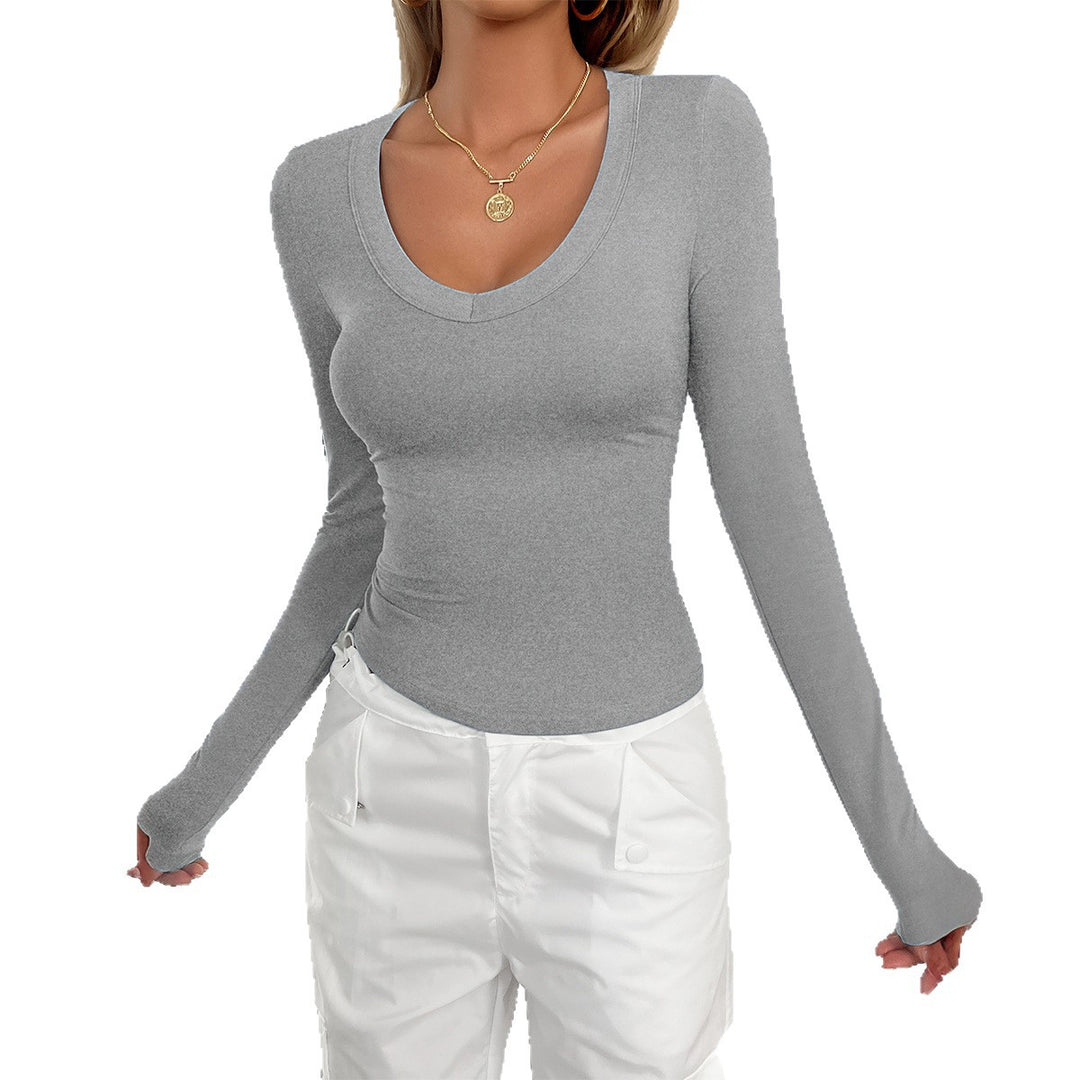 Damen nan figurnahes Langarmshirt mit tiefem Rundhalsausschnitt und elastischem Stretchjersey Shop Nory