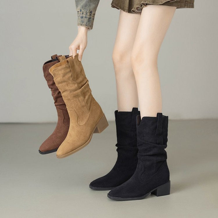 Damen Rauleder Stiefeletten mit lässigem Falten-Design Shopnory